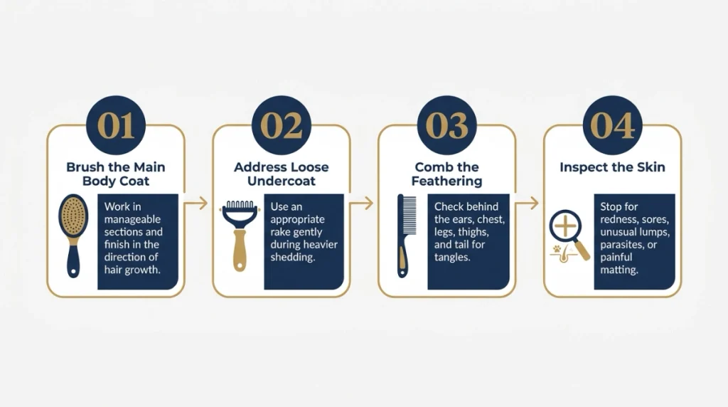 Four-step Golden Retriever grooming process for brushing, undercoat removal, combing, and skin checks