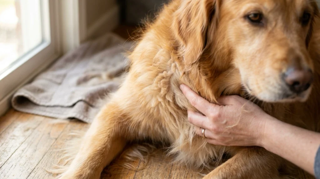 Golden Retriever coat parted to reveal dense undercoat beneath firm outer guard hairs