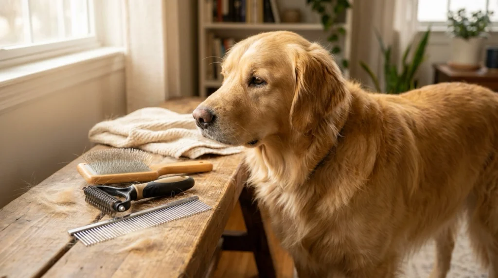 Comparison of slicker brush, undercoat rake, and metal comb for Golden Retriever grooming