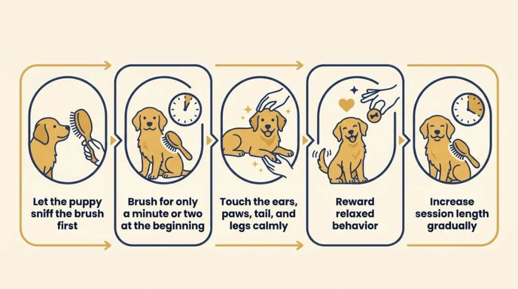 Five-step infographic showing how to introduce a Golden Retriever puppy to gentle brushing.