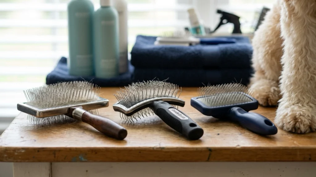 Three long-pin slicker brush styles compared beside a Goldendoodle with a thick wavy coat.