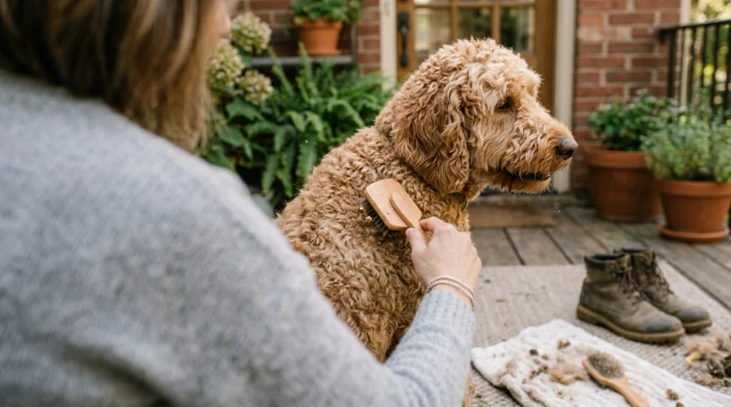 Goldendoodle grooming session removing dirt and loose hair