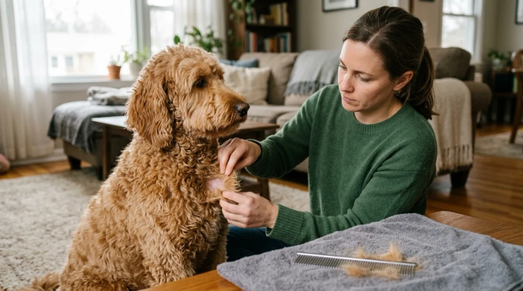 Owner inspecting a Goldendoodle coat for hidden tangles
