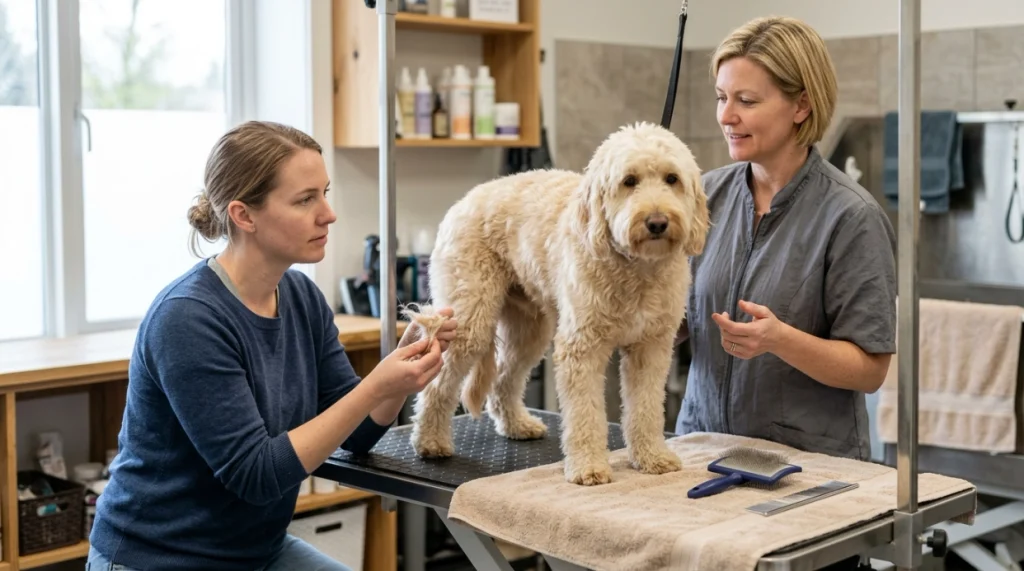 Groomer examining a Goldendoodle coat with severe tangles