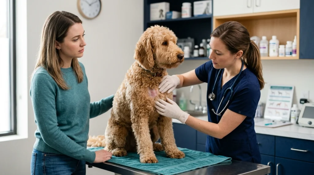 Veterinarian examining a Goldendoodle with thinning hair and irritated skin