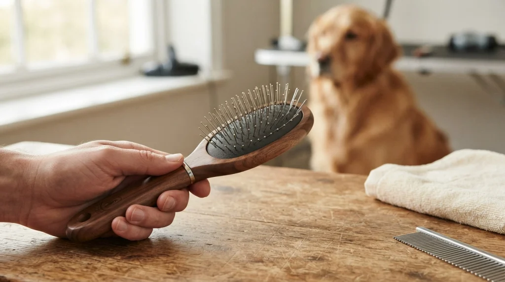Quality dog pin brush showing smooth tips, cushion, handle, pin length, and brush-head size