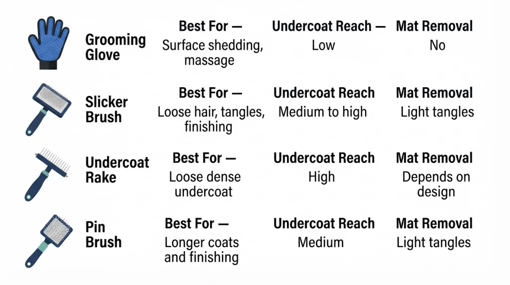 Comparison of grooming glove, slicker brush, undercoat rake and pin brush uses