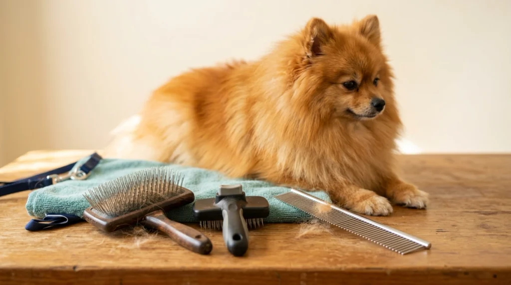 Slicker brushes and metal comb used for brushing and maintaining a Pomeranian double coat