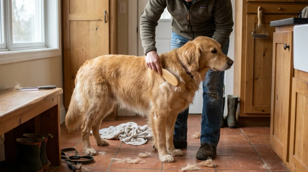 Golden Retriever getting a gentle daily brushing during heavy shedding with loose undercoat visible.