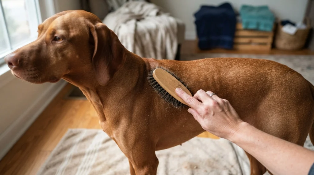 Bristle brush lifting loose hair and debris from a short-coated dog