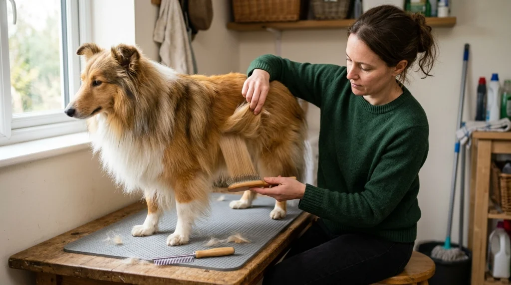 Owner showing how to brush a long dog coat section by section with a pin brush