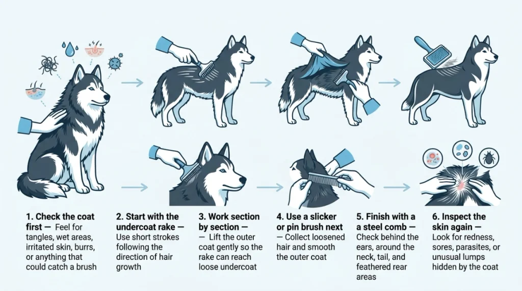 Six-step Siberian Husky brushing process from coat inspection to final skin check