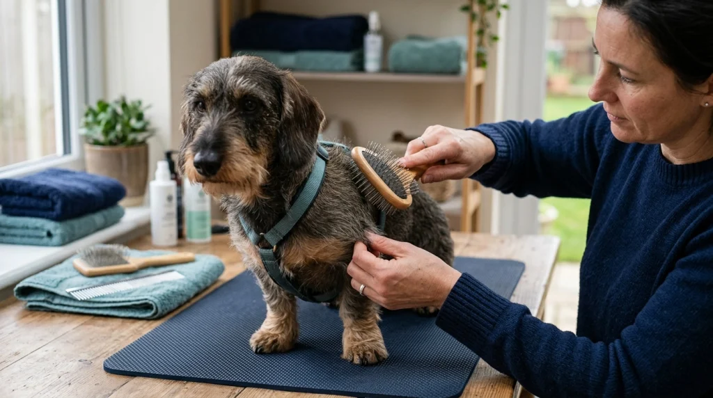 Owner demonstrates how to brush a wire dog coat in small sections with a pin brush