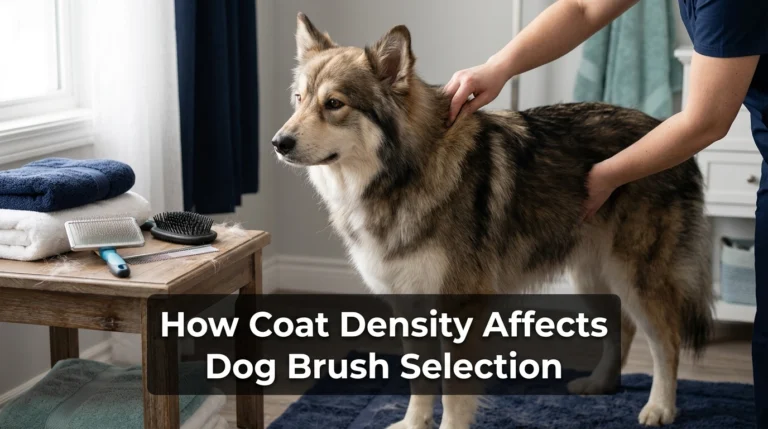 Dog with dense coat beside grooming tools showing how coat density affects dog brush selection