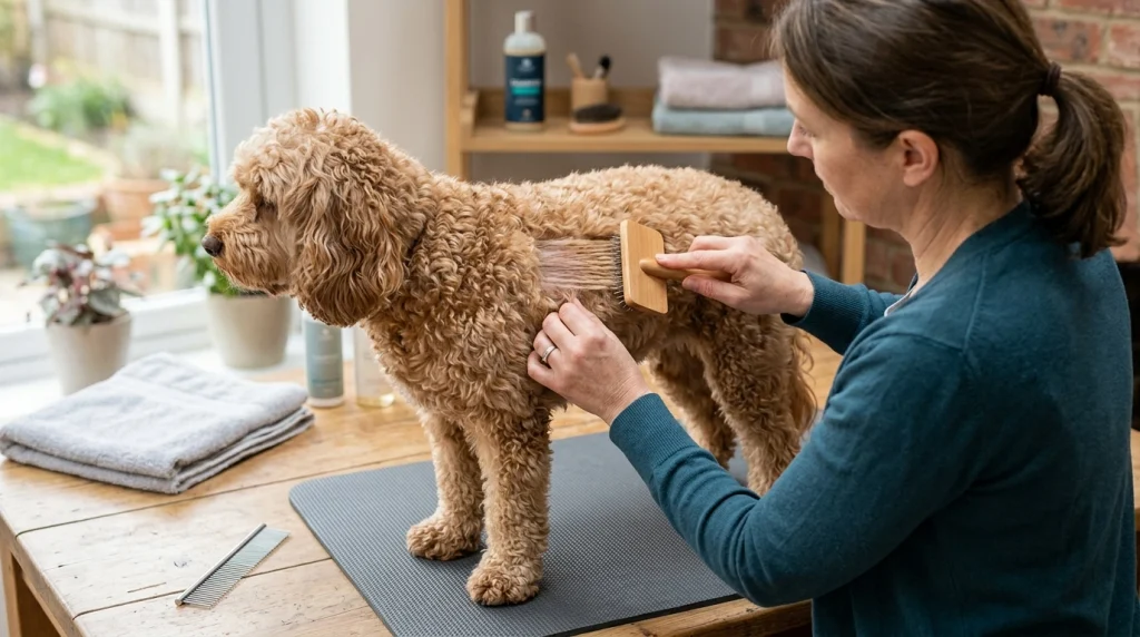 Owner line-brushing a curly dog coat in small sections with a slicker brush