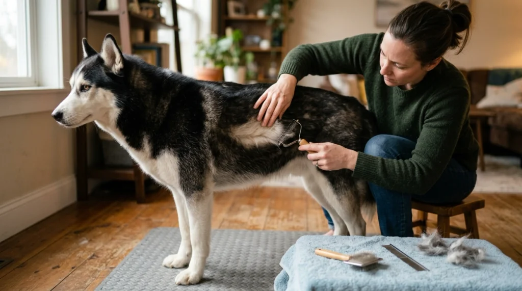 Owner line brushing a Husky by separating its dense coat and gently removing loose undercoat