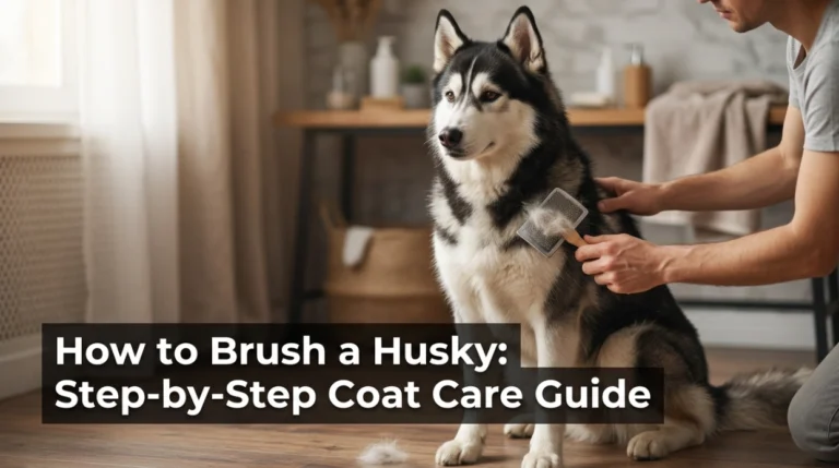 Owner line brushing a Husky by separating its dense coat and gently removing loose undercoat