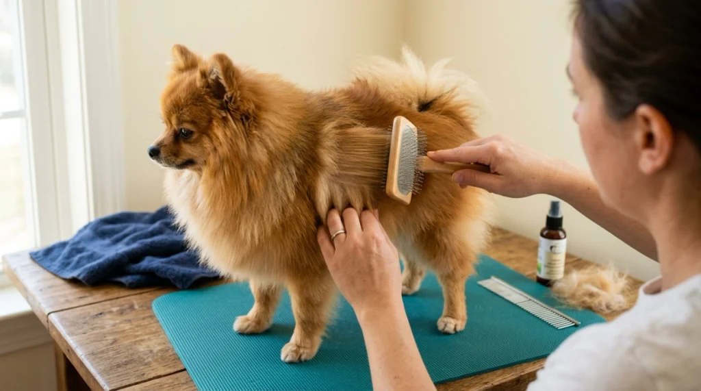 How to brush a Pomeranian by separating the coat and brushing gently from the base outward