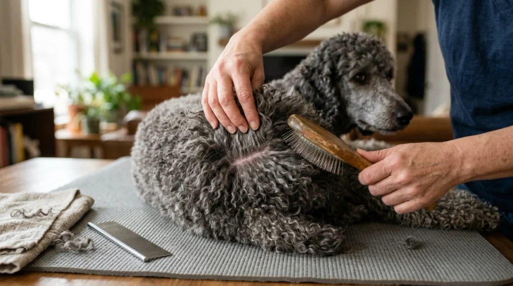 How to brush a Poodle using line brushing with a slicker brush near the skin