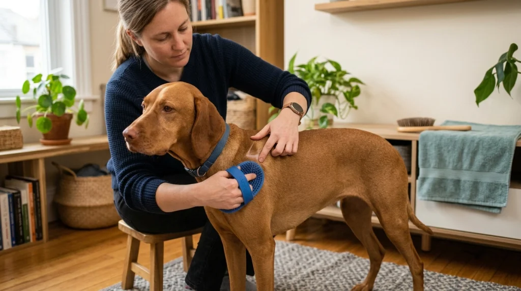 Owner demonstrates how to brush a short dog coat gently from shoulders toward the back