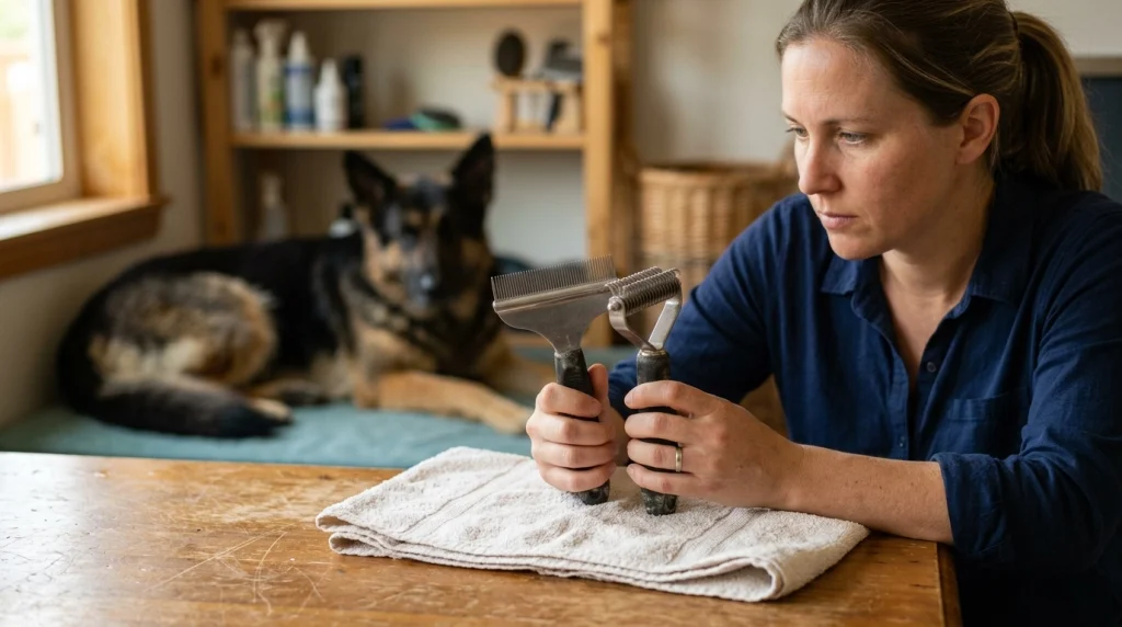 Owner comparing a fine-toothed de-shedding tool with a double-row undercoat rake beside a German Shepherd.