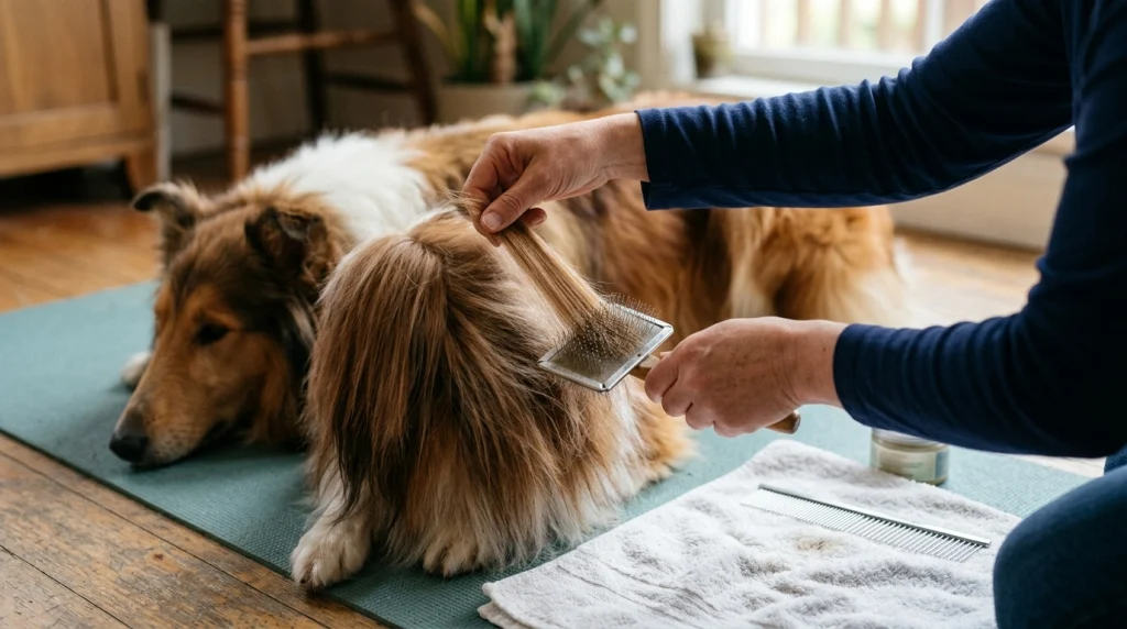 Owner lifting a Collie’s coat section for gentle slicker brushing, with a metal comb nearby.