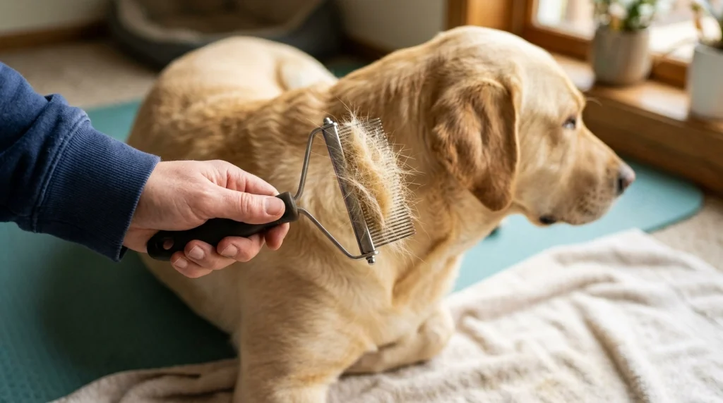 Close-up of loose undercoat caught in a de-shedding tool above a Labrador’s intact outer coat.
