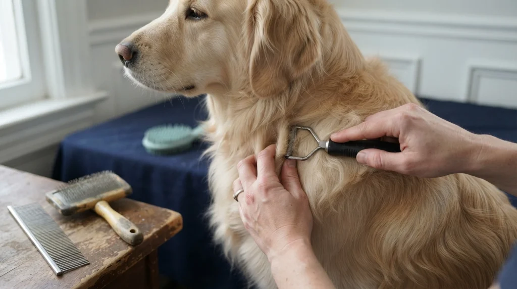 Dog mat breaker working from the loose edge of a mat while the coat is supported near the skin.