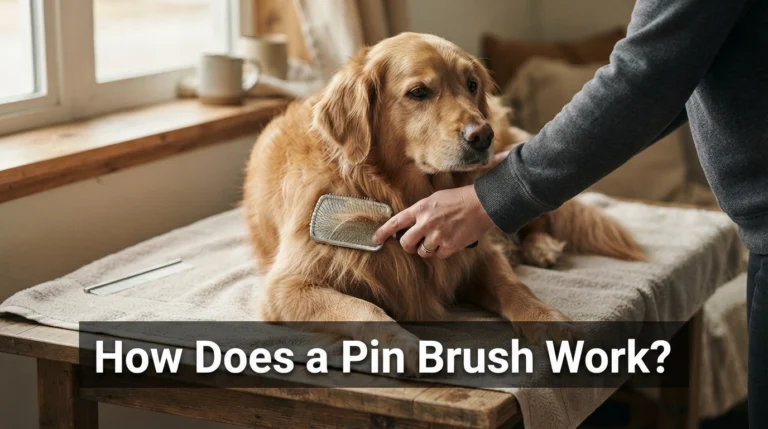 Infographic showing how pin brush pins separate hair, lift loose fur, and smooth a dog coat