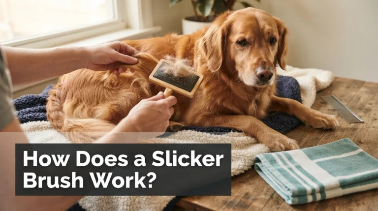 How Does a Slicker Brush Work? Dog being gently groomed with a fine-wire slicker brush