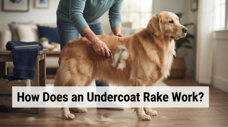 Infographic showing how an undercoat rake reaches beneath guard hairs to collect loose dog undercoat