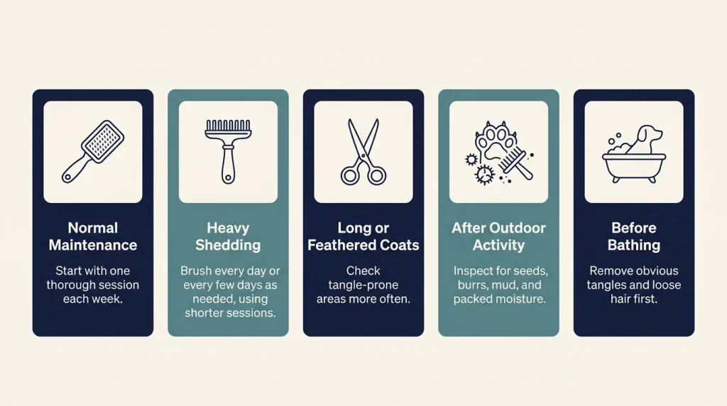 Double-coat brushing schedule for weekly care, shedding, outdoor activity, and bathing