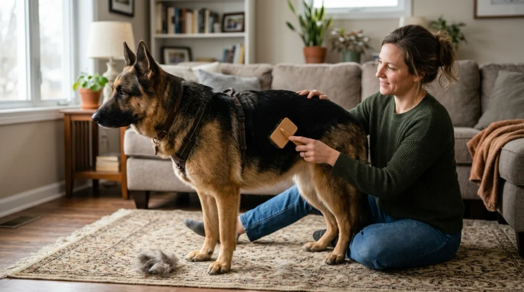 Owner gently brushing a German Shepherd during regular coat care