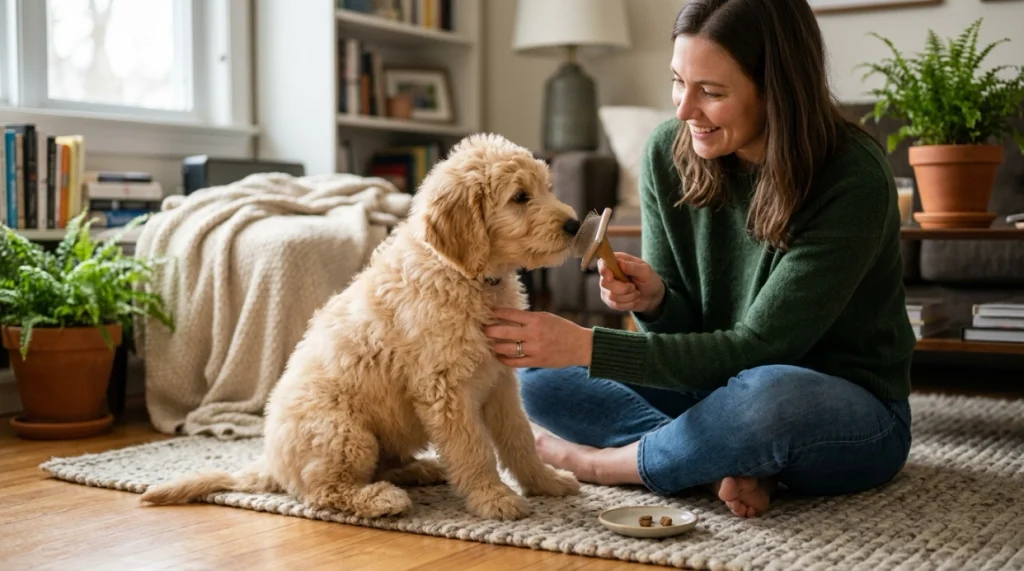 Goldendoodle puppy calmly learning to accept gentle daily brushing and positive rewards.