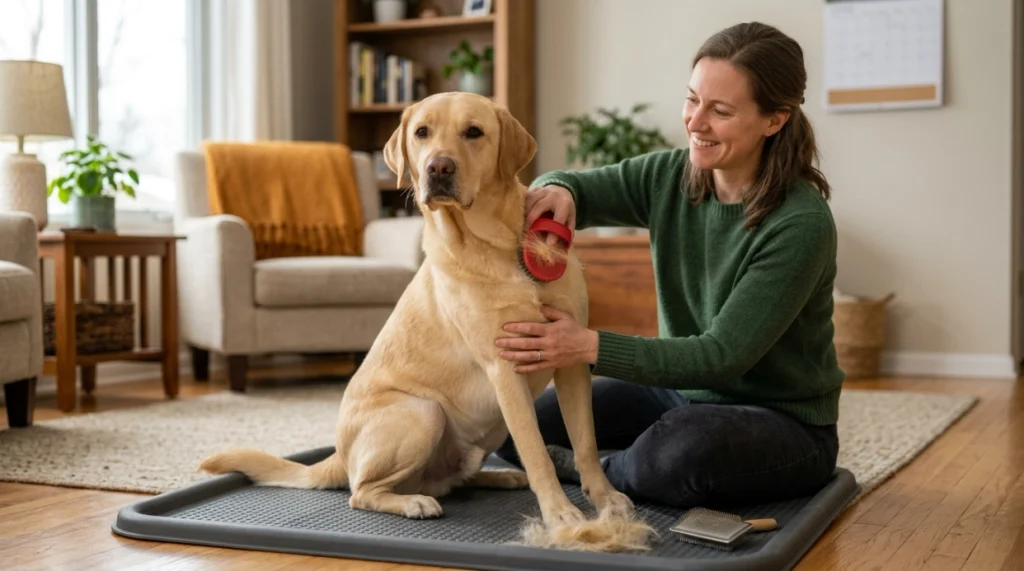 Labrador receiving gentle routine brushing to control loose hair and seasonal shedding