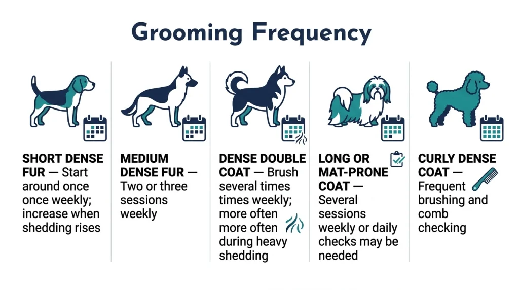 Grooming schedule for short, medium, double, long, and curly thick dog coats