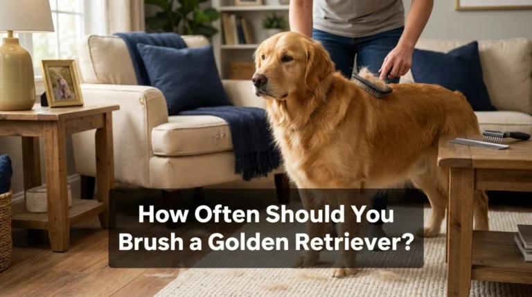 Owner brushing a Golden Retriever at home to demonstrate recommended brushing frequency.