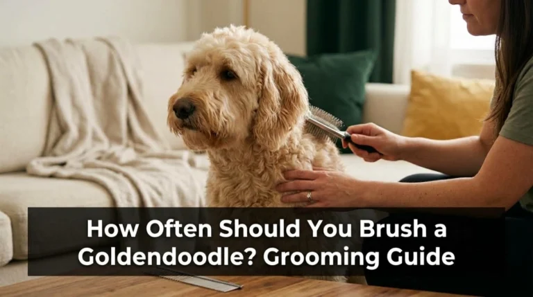 Owner brushing a Goldendoodle while following a healthy coat-care routine at home.