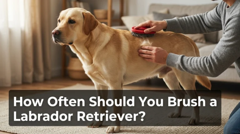 Labrador Retriever being gently brushed at home for regular coat care and shedding control