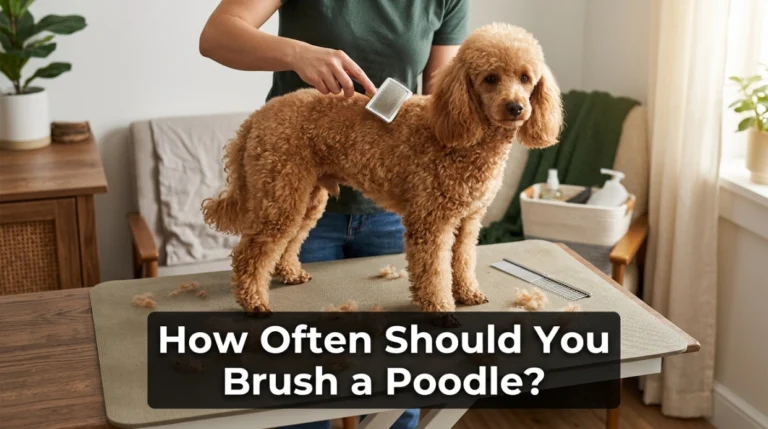 Owner gently brushes a curly Poodle during a regular home grooming session.