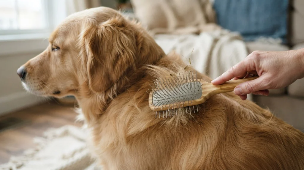 Close-up of pin brush separating long dog hair and lifting loose fur during grooming