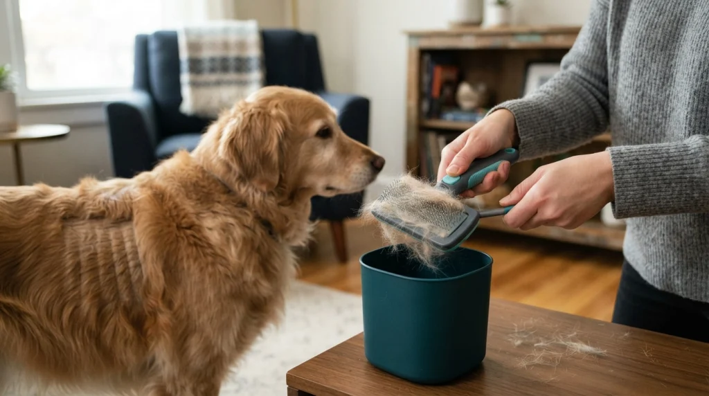Self-cleaning dog brush with retracted pins releasing loose fur after brushing a dog