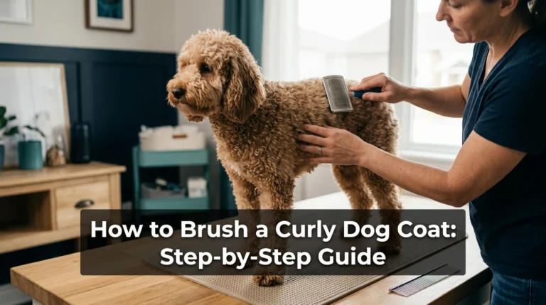 Owner learning how to brush a curly dog coat with a slicker brush and metal comb