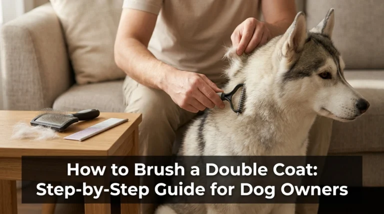 Owner learning how to brush a double coat using an undercoat rake on a Husky