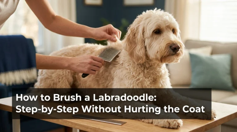Owner learning how to brush a Labradoodle gently with a slicker brush and metal comb