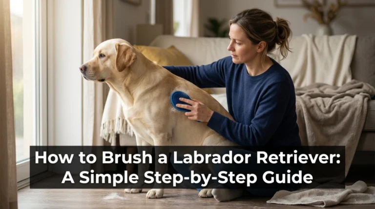Owner learning how to brush a Labrador Retriever with a rubber grooming brush