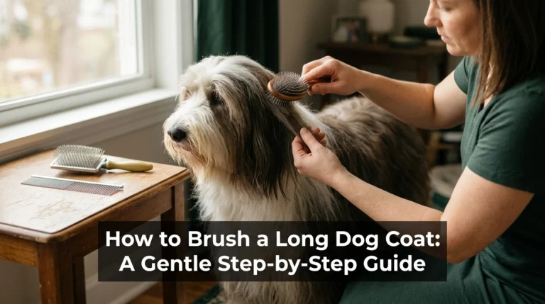Owner learning how to brush a long dog coat gently with a pin brush at home
