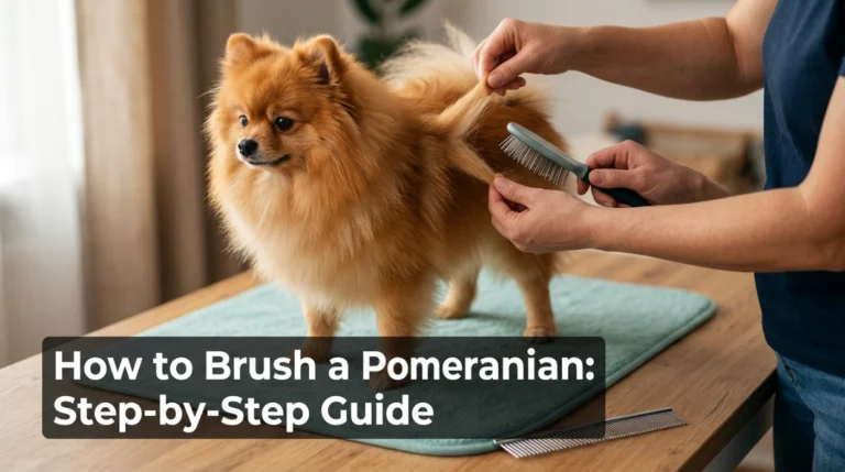 Owner demonstrating how to brush a Pomeranian using a slicker brush and line-brushing technique