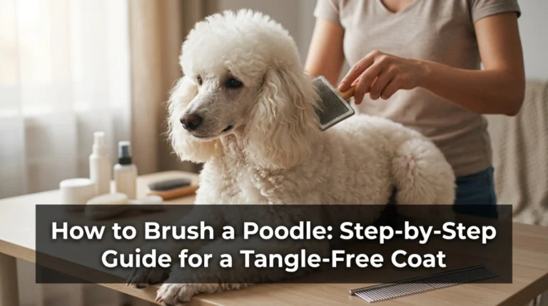 Owner learning how to brush a Poodle with a slicker brush and grooming comb