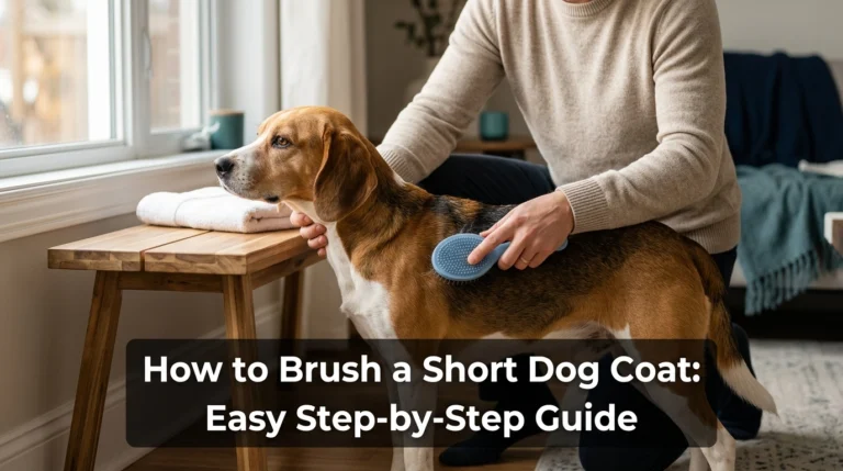 Owner learning how to brush a short dog coat with a soft rubber grooming brush